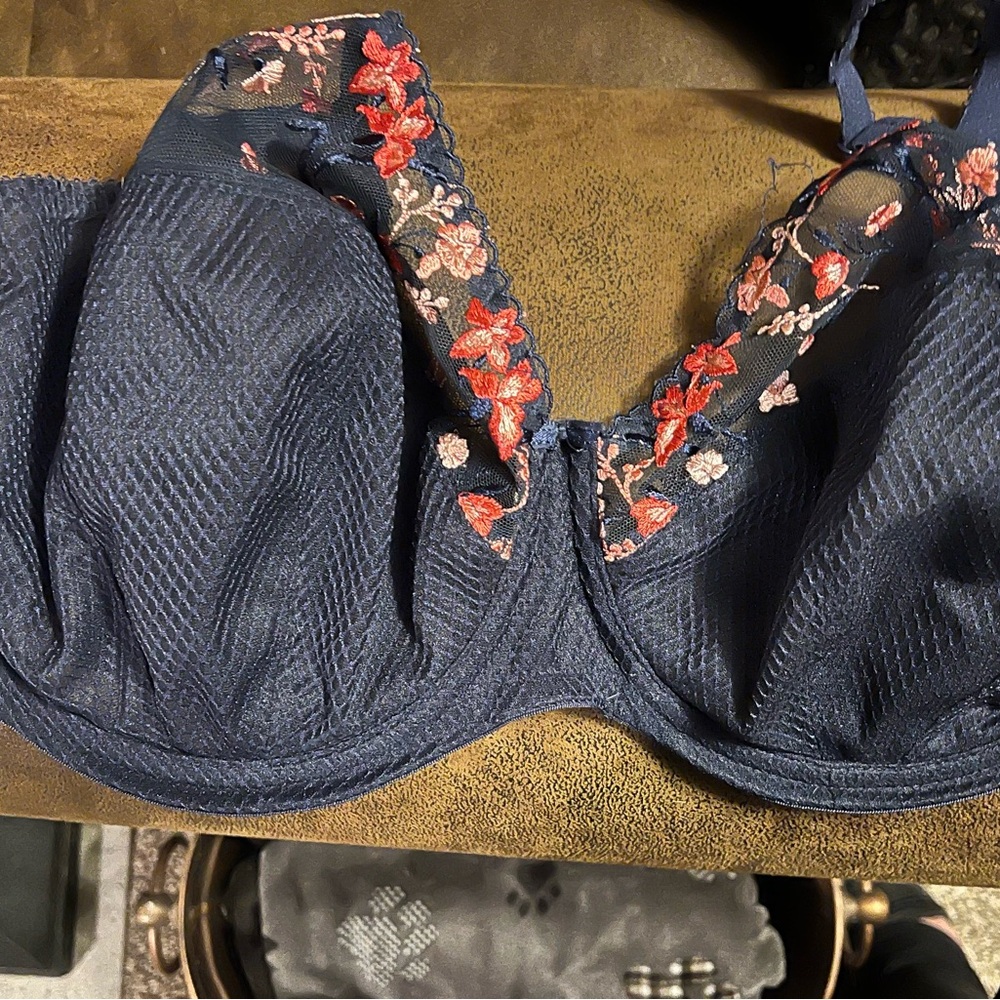 Elomi Dark Blue Bra with Red Floral Embroidery